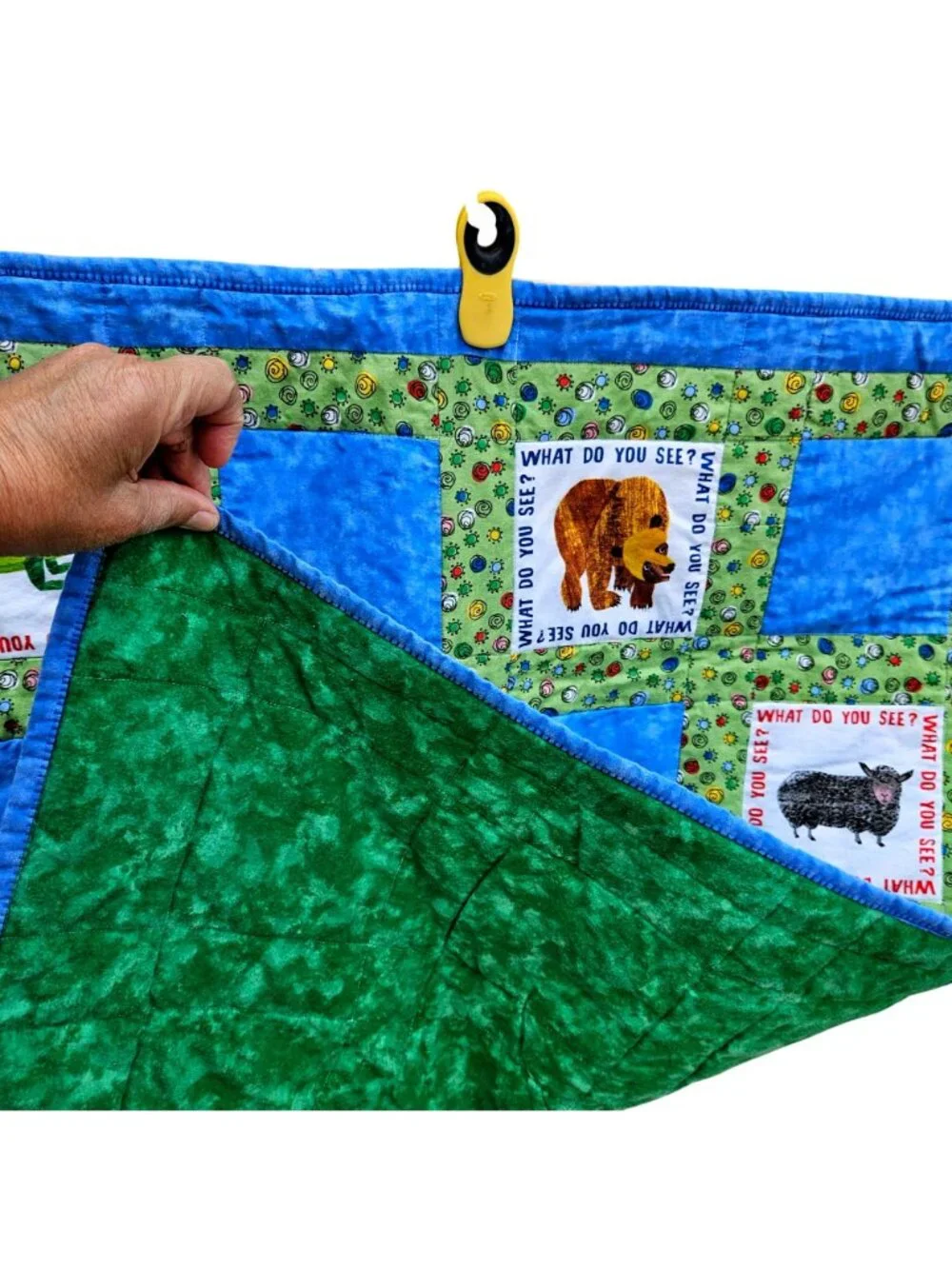 Vintage 90s Brown Bear What Do You See Baby Quilt Blue Green Cotton 39x32" Carle - Picture 2 of 12